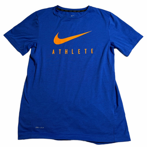 Nike Athlete Vibrant Blue Dri-FIT Tee Orange Logo Swoosh Youth XL Boy Activewear